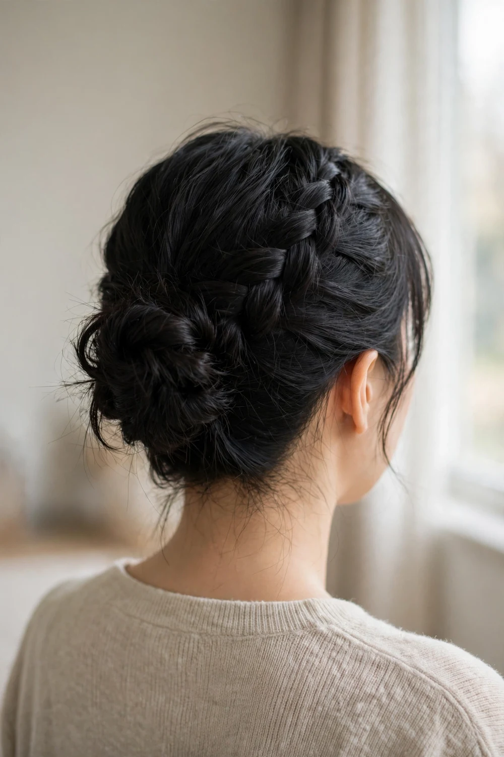 Black short hair in a Dutch braid from the nape tucked into a low bun