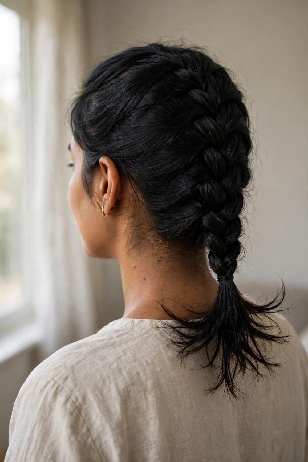 Black short hair in a Dutch fishtail braid from the crown with loose messy ends