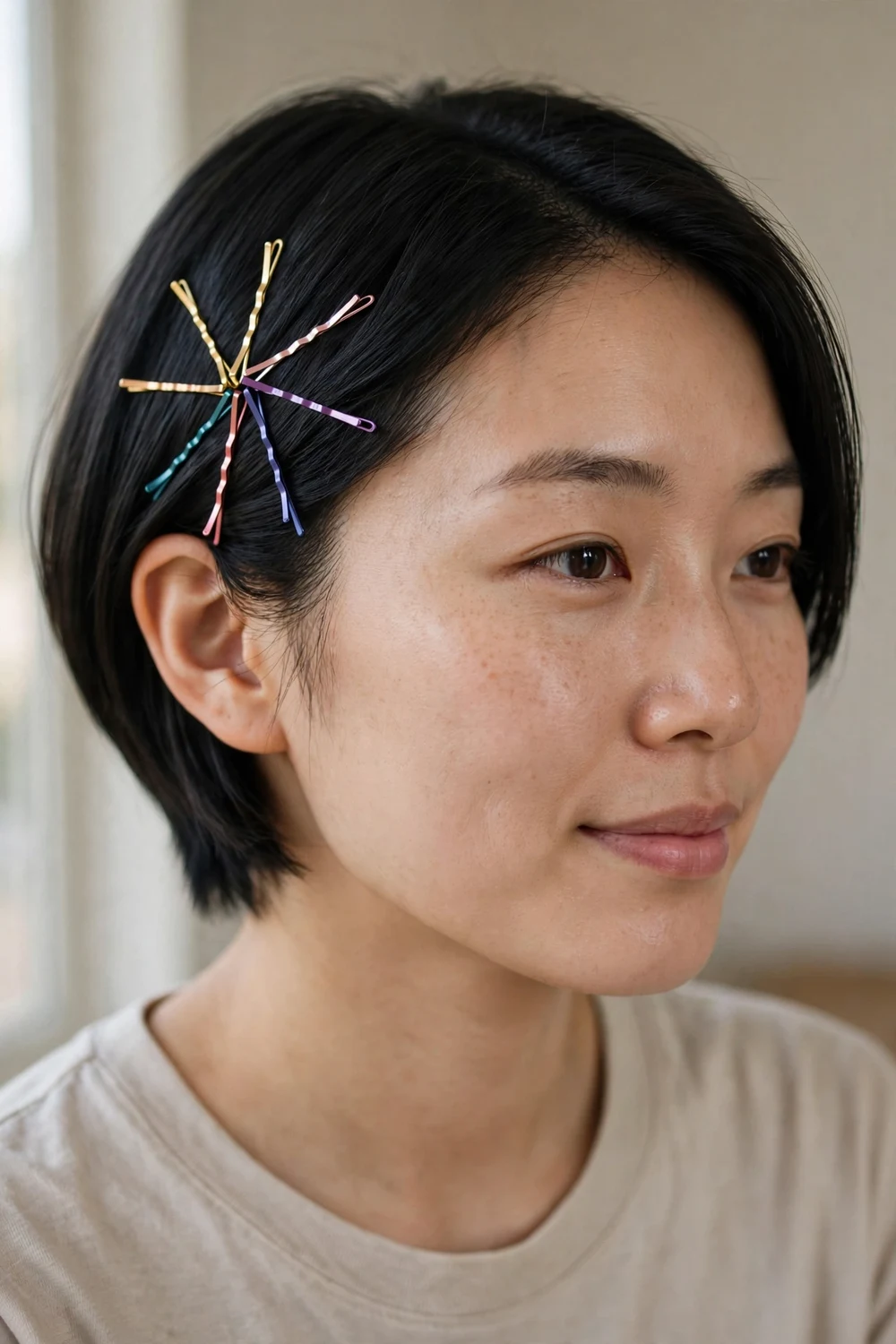 Straight black short hair with colorful metallic bobby pins in a star pattern
