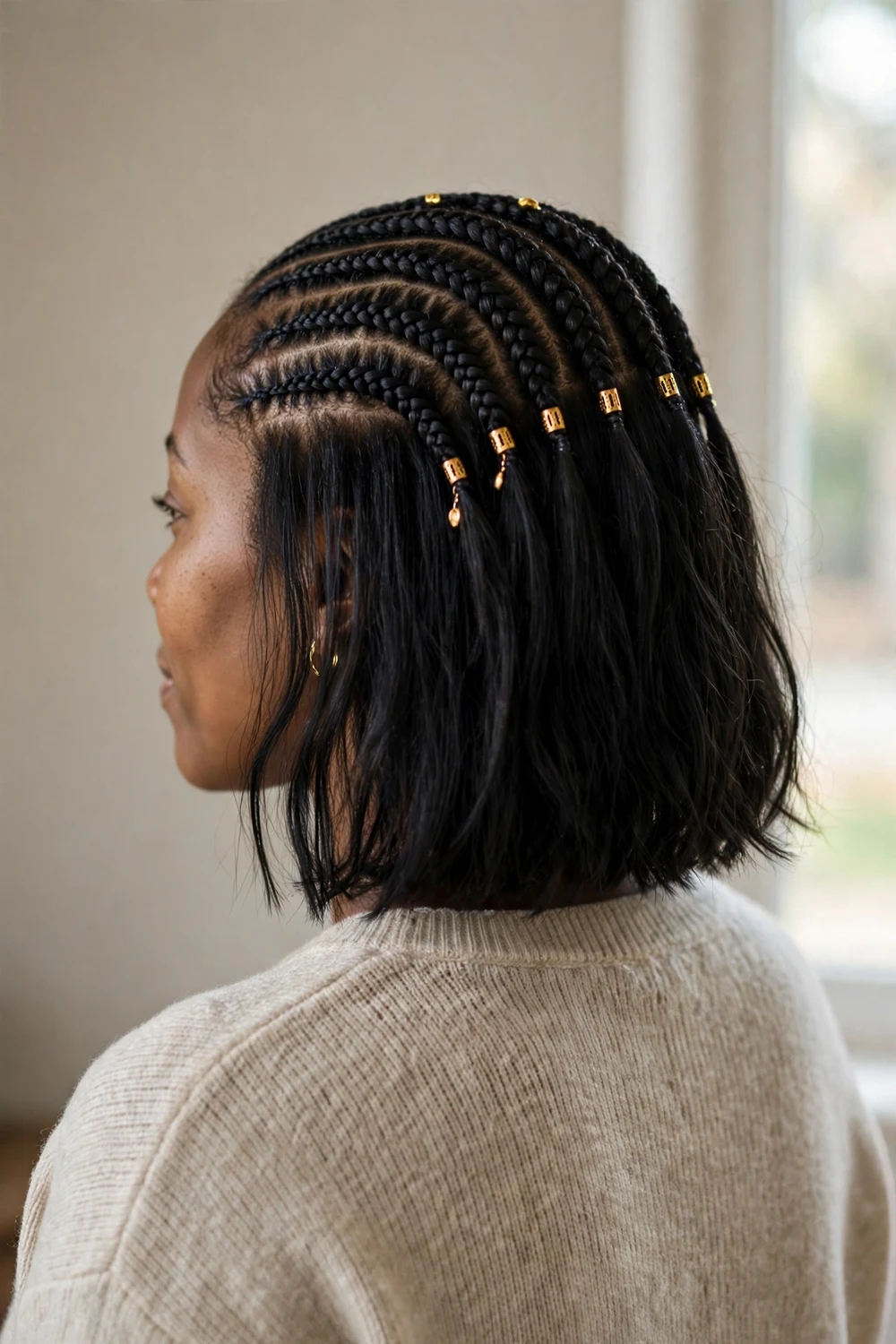 Straightened dark bob with neat cornrows and gold beads on the top half