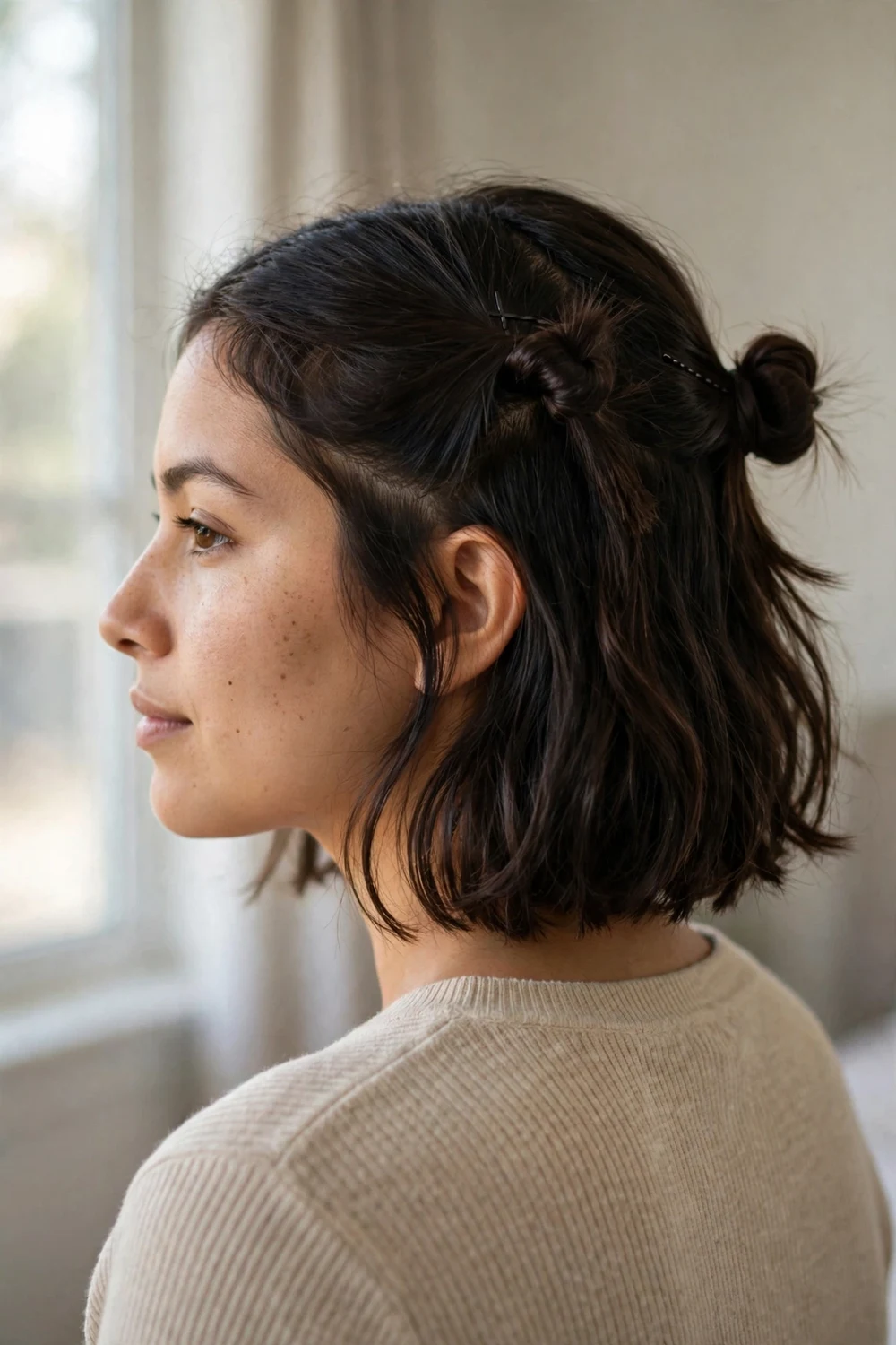 Short dark brown bob with front sections twisted into a small knot at the back