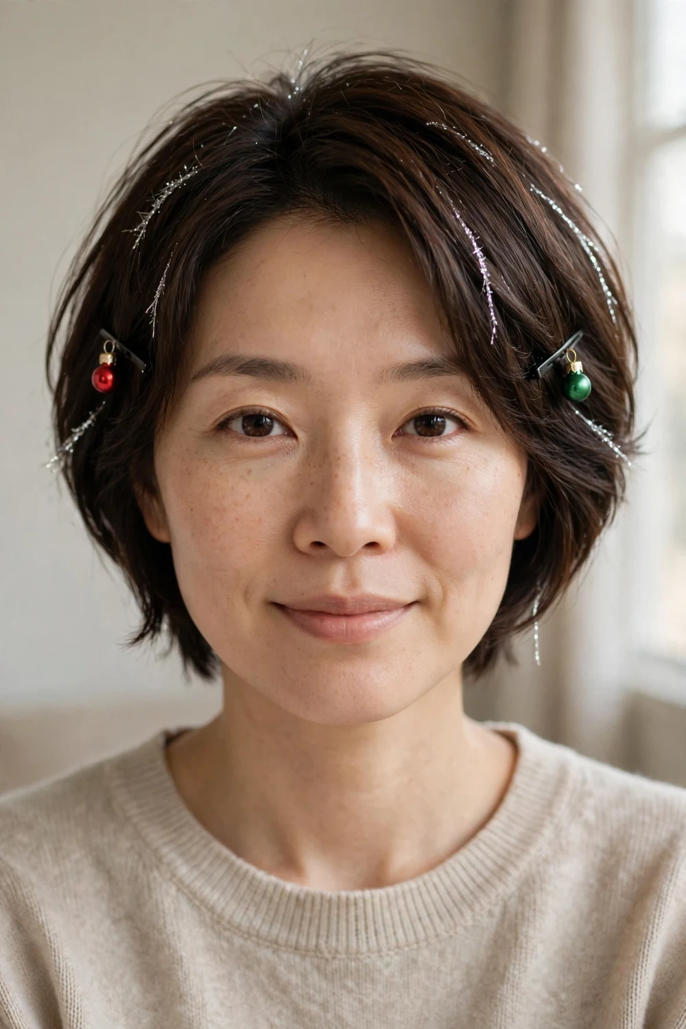 Layered dark brown bob with silver tinsel strands and tiny bauble clips