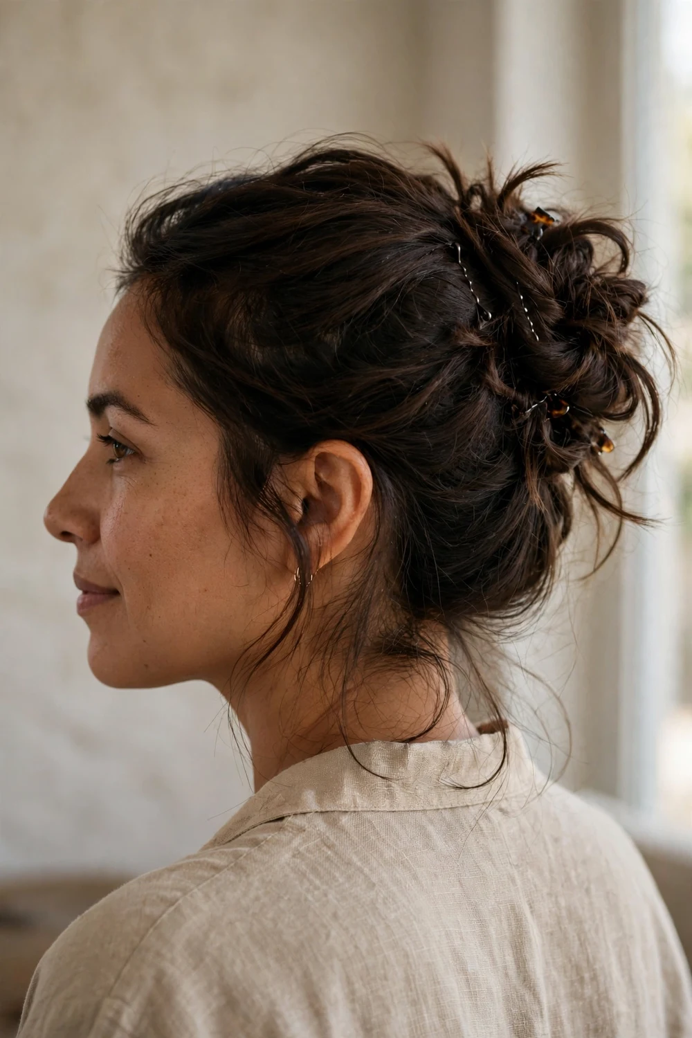 Dark brown short hair in a messy twisted updo with pinned sections