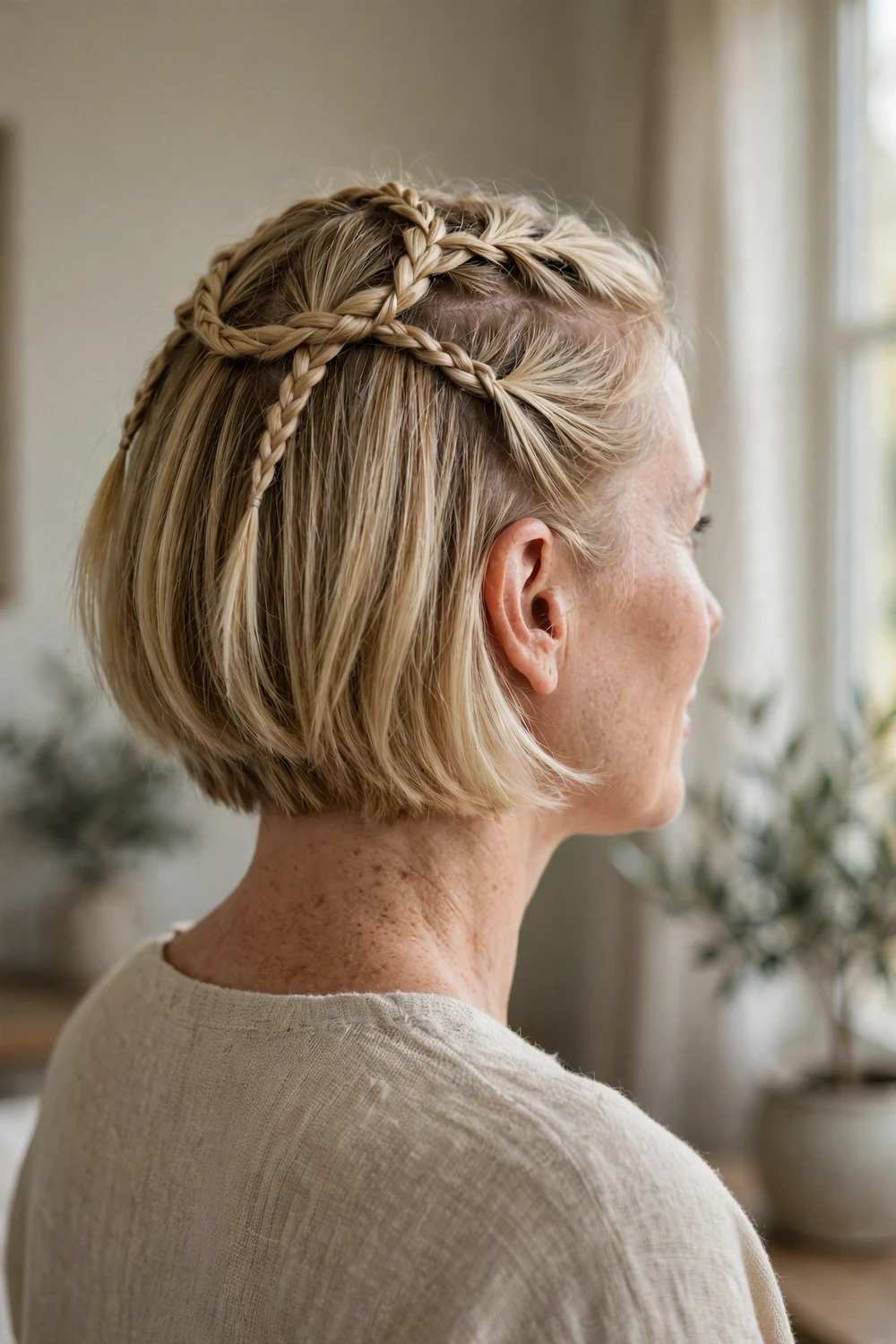 Blonde short bob with two small braids pinned around the crown