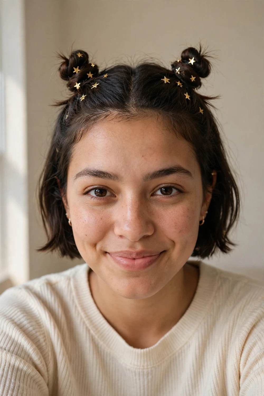 Dark brown short hair in two small space buns with gold star clips