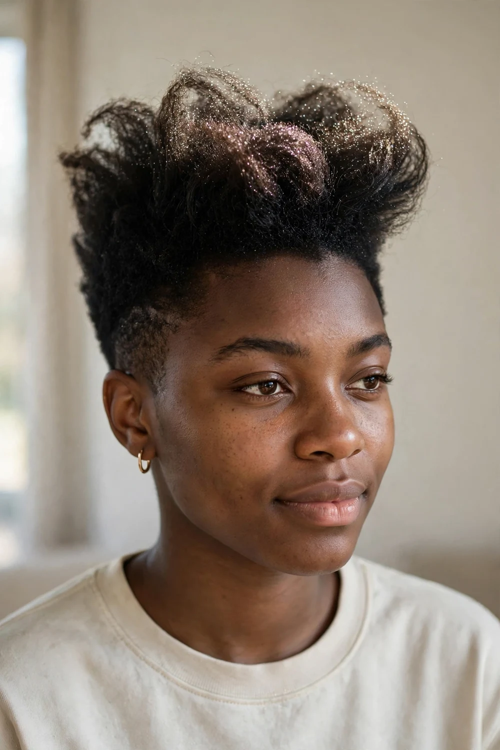 Short natural hair styled in a faux hawk with teased top and smooth sides