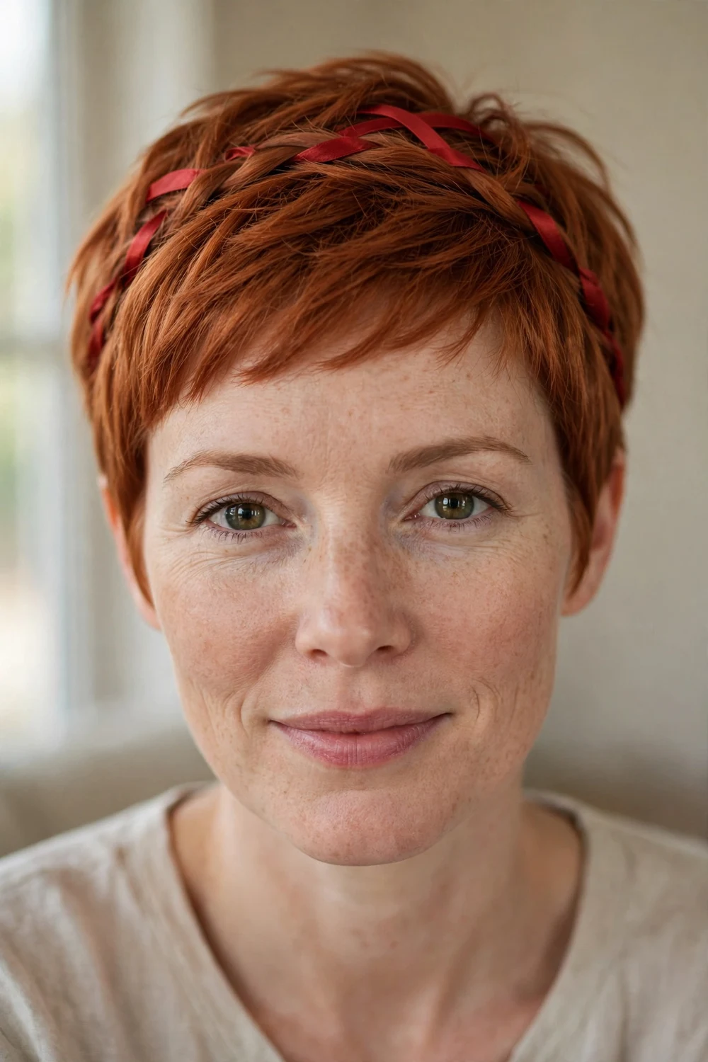 Copper-red pixie with a thin red satin ribbon woven around the crown