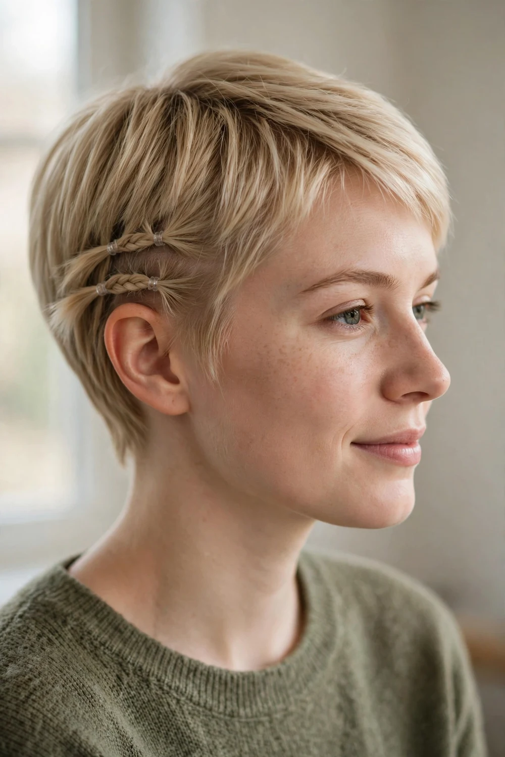 Blonde pixie with two tiny side braids above one ear