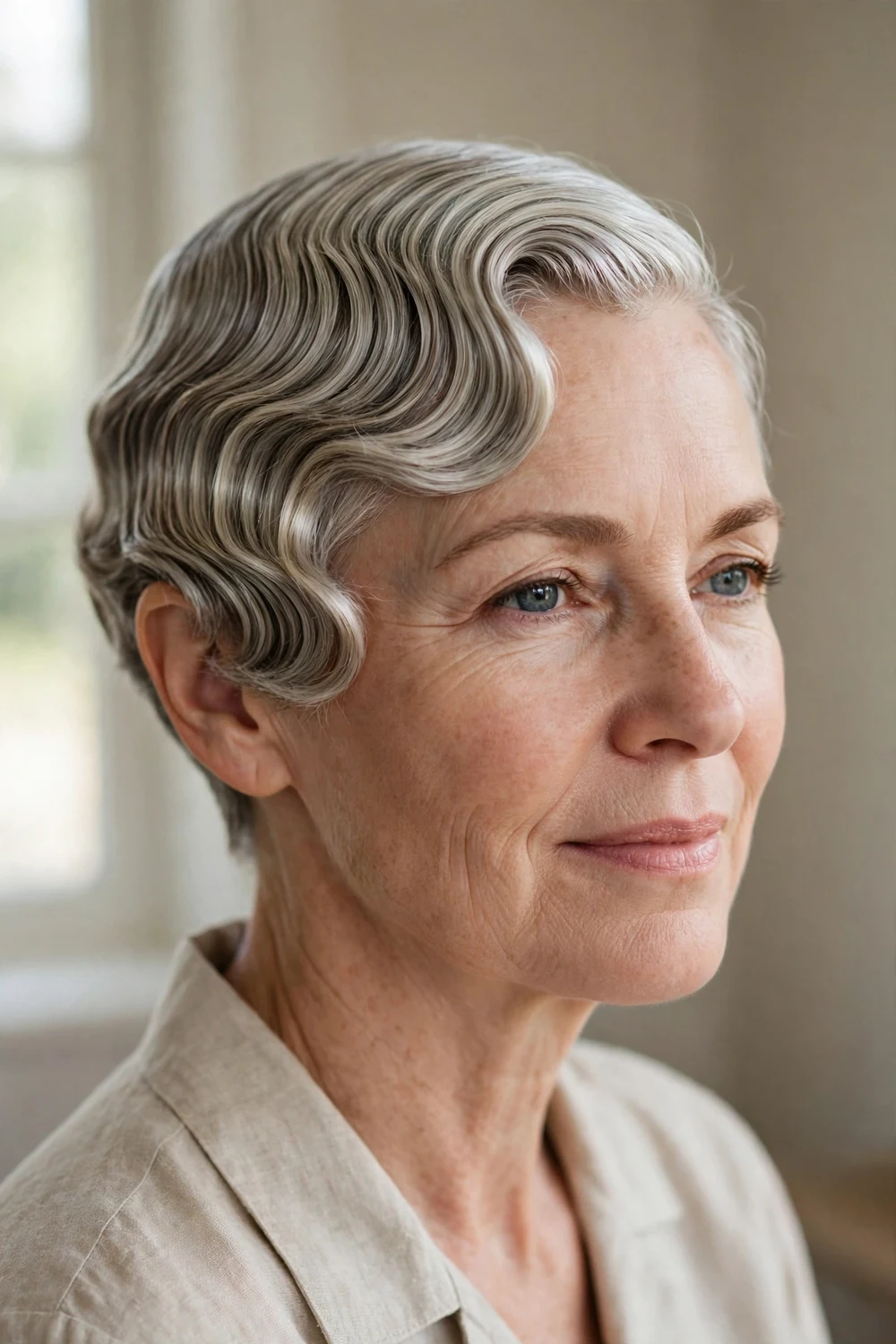 Silver-blonde short crop styled in structured finger waves
