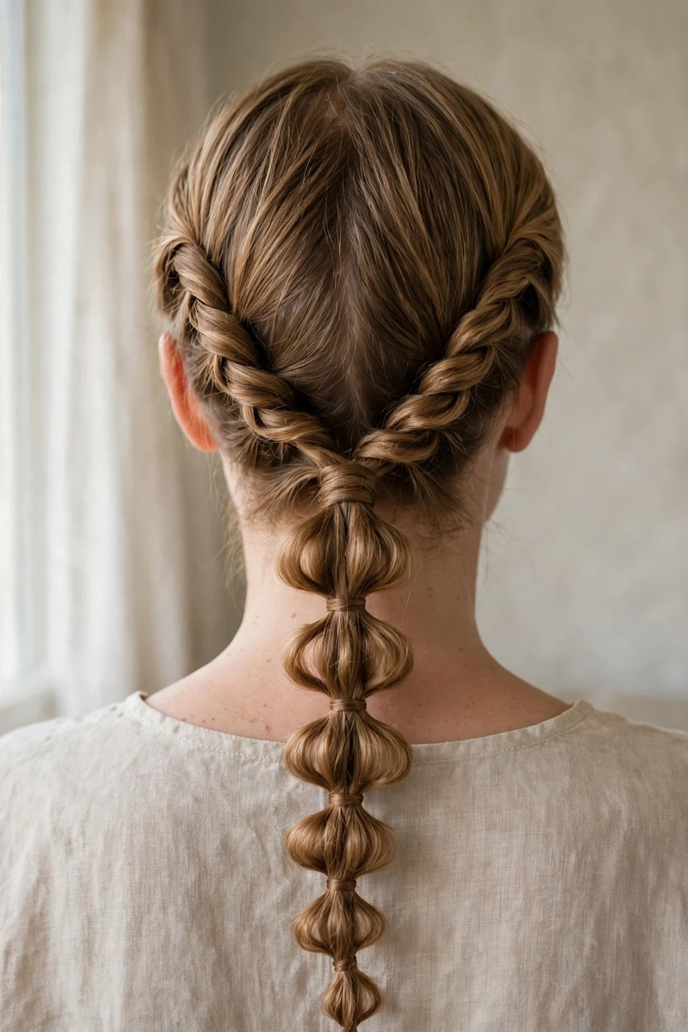 Light brown short hair with rope twists combining into a pull-through braid at the back