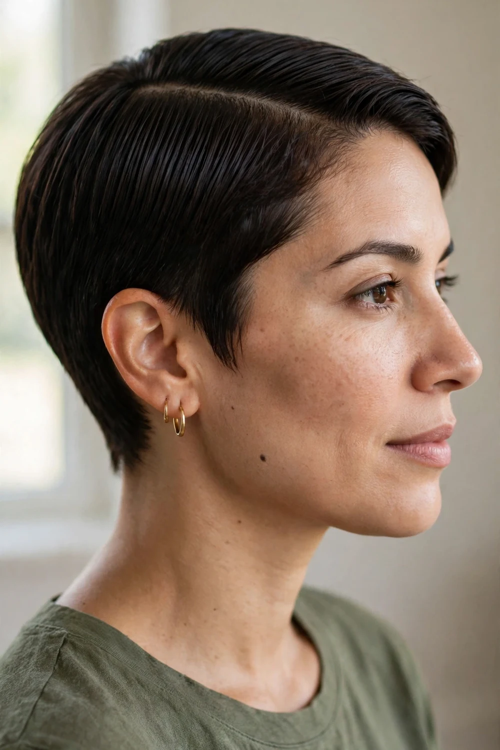 Dark brown pixie with a deep sleek side part
