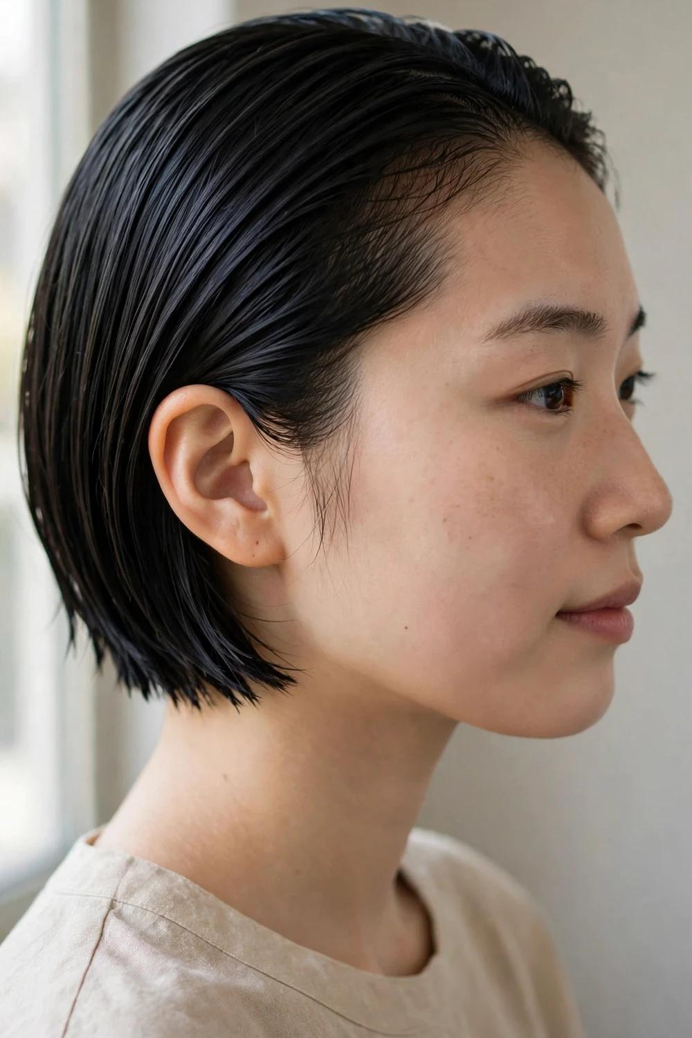 Jet black short bob combed back in a sleek glossy wet look