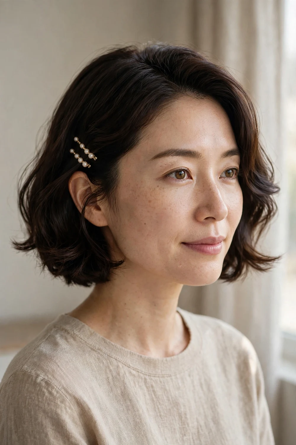 Short dark brown bob styled in soft waves with pearl clips above one ear