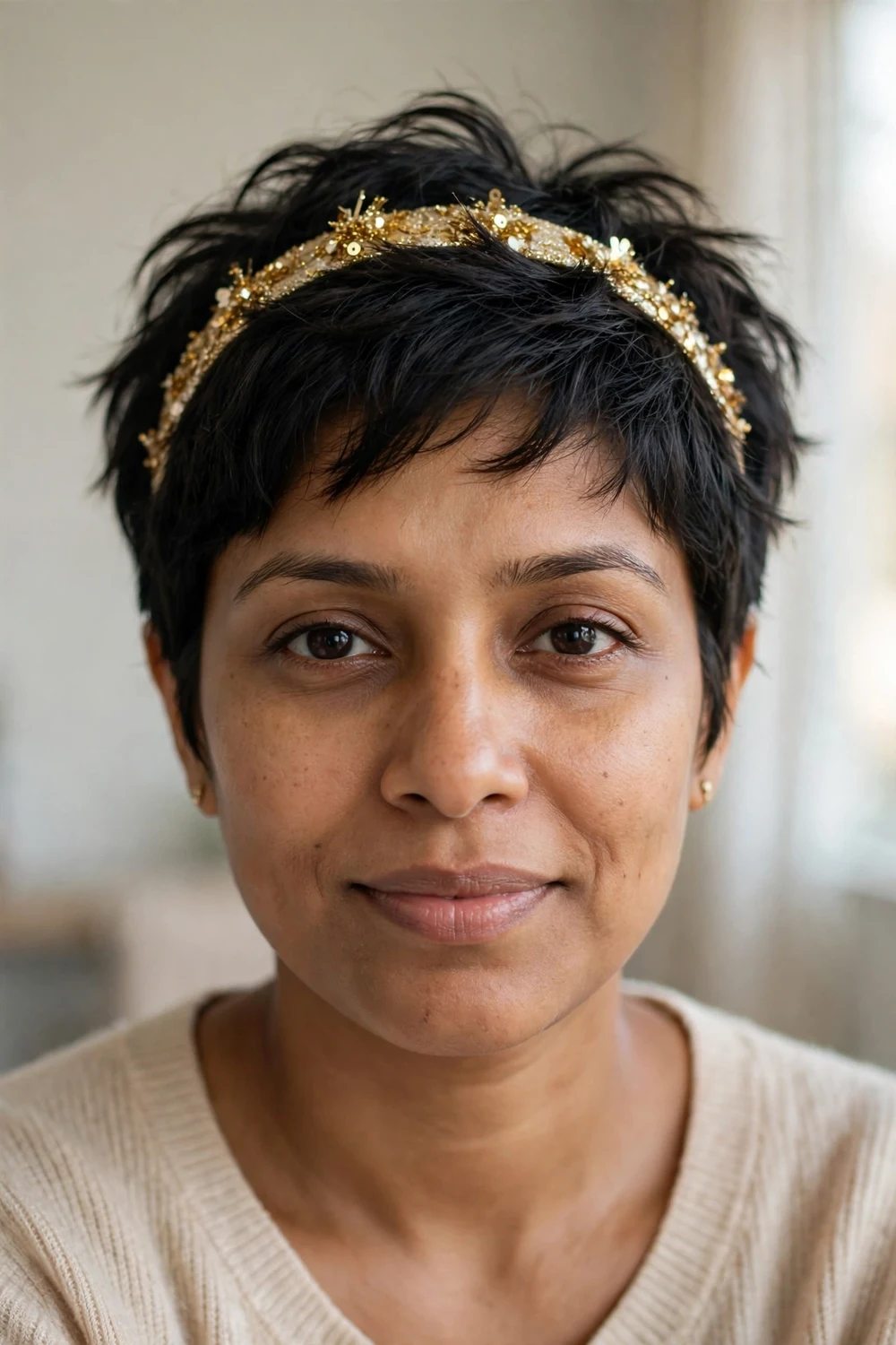 Black textured pixie with a sparkly gold festive headband