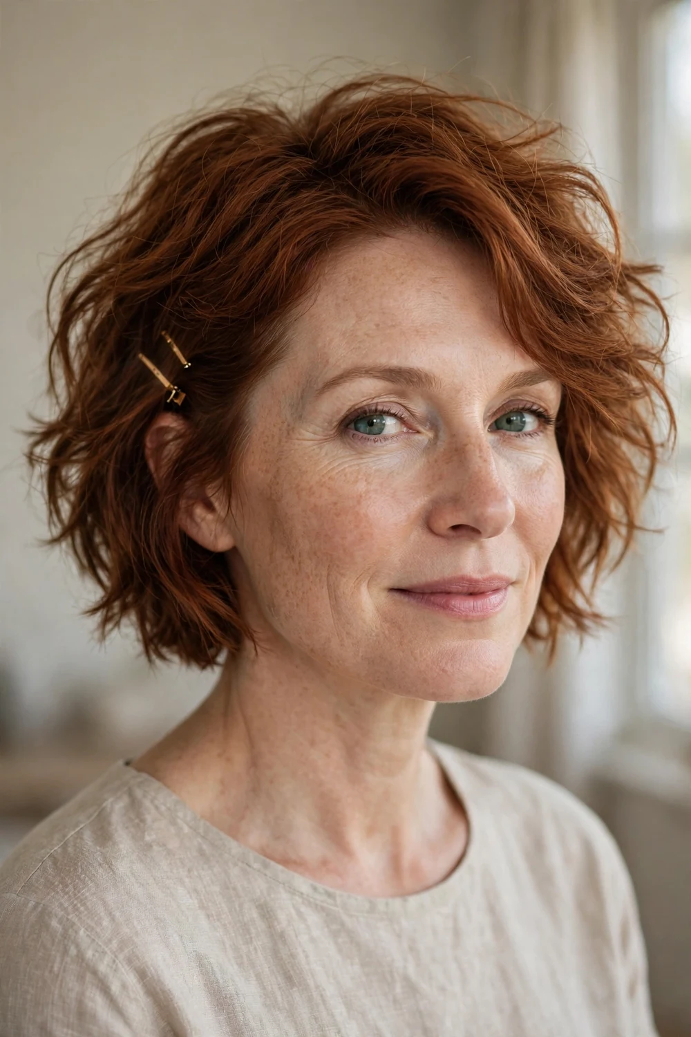 Auburn tousled short bob with small gold barrettes above one ear