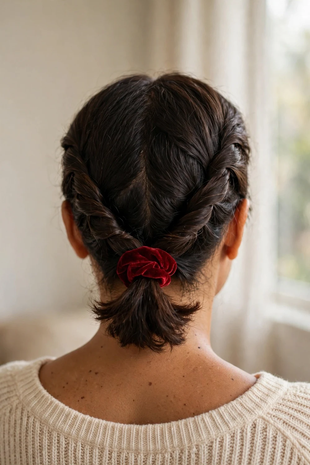 Short dark brown hair with sides twisted back into a low ponytail with a red velvet scrunchie