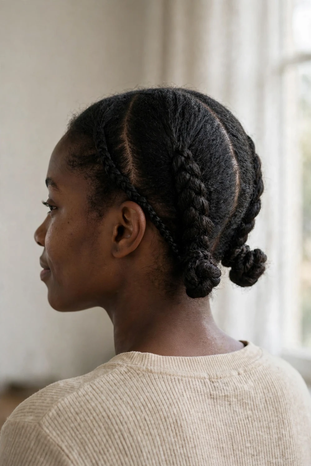 Dark short hair parted in the middle with two braids twisted into low buns