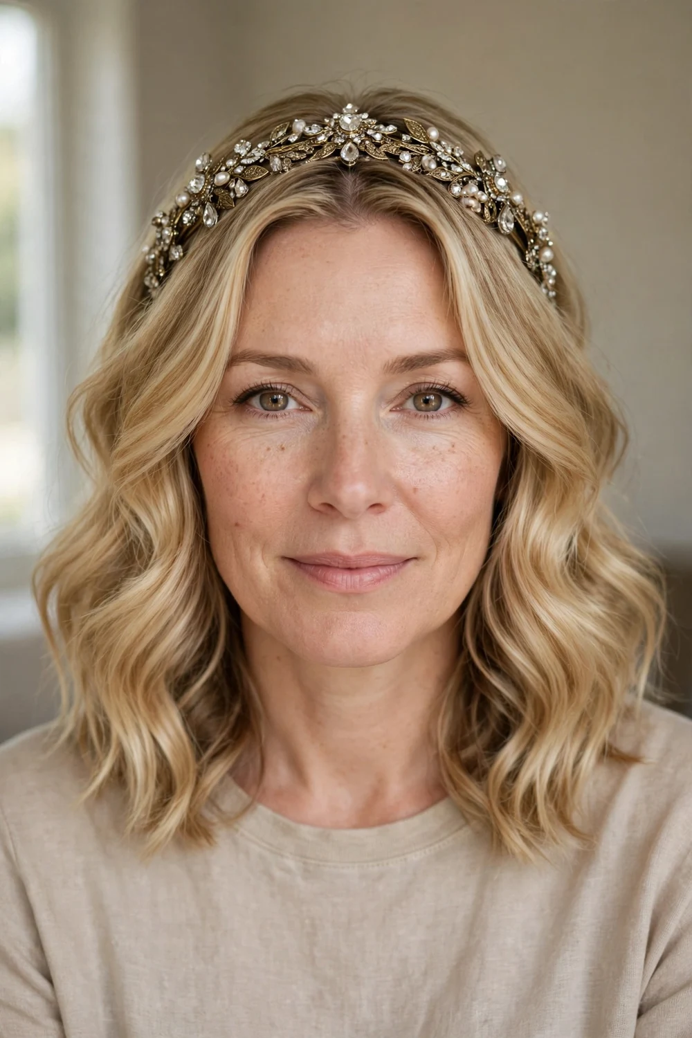 Blonde wavy lob with a jewel-encrusted metallic headpiece