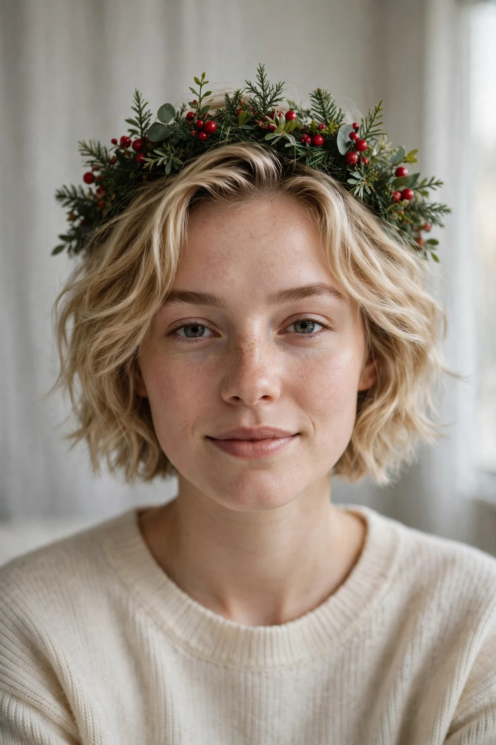 Short wavy blonde hair with a miniature greenery and berry wreath crown