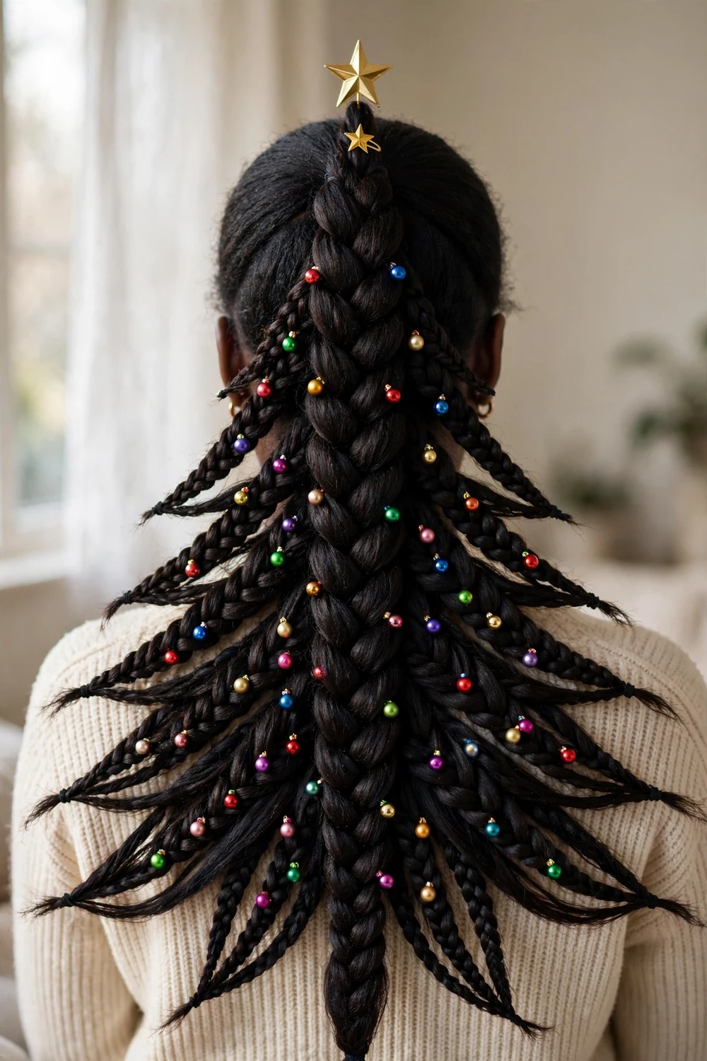 Christmas tree braid fanned into a conical tree shape with colorful bauble clips and a gold star on top