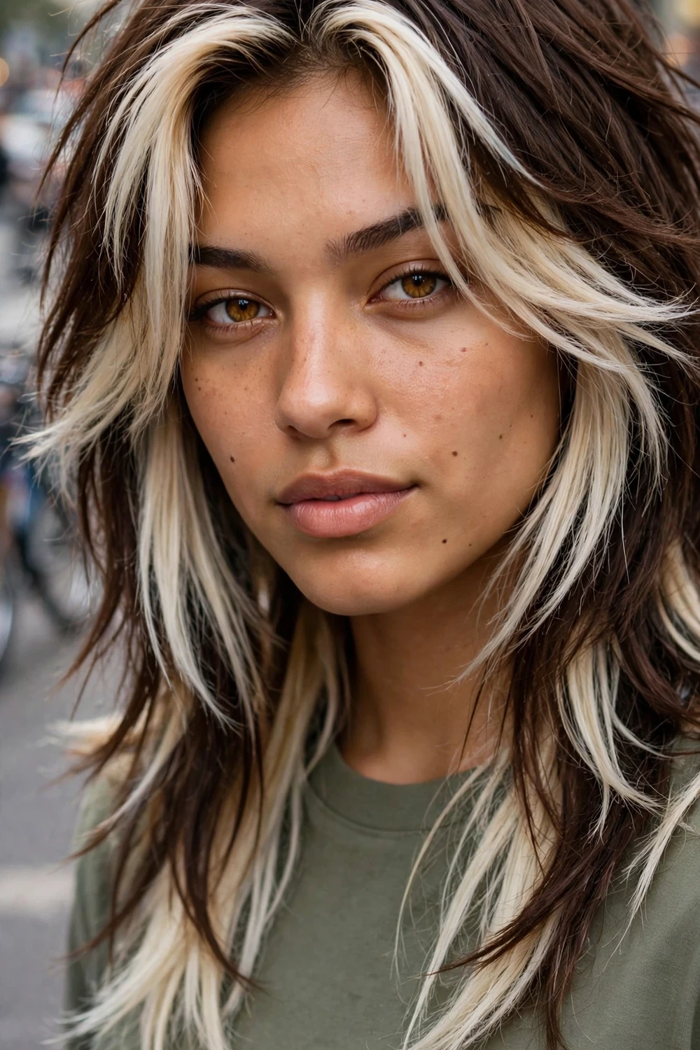 Woman with a long shag haircut featuring chunky 90s color-block panels, bold face-framing streaks and peekaboo color