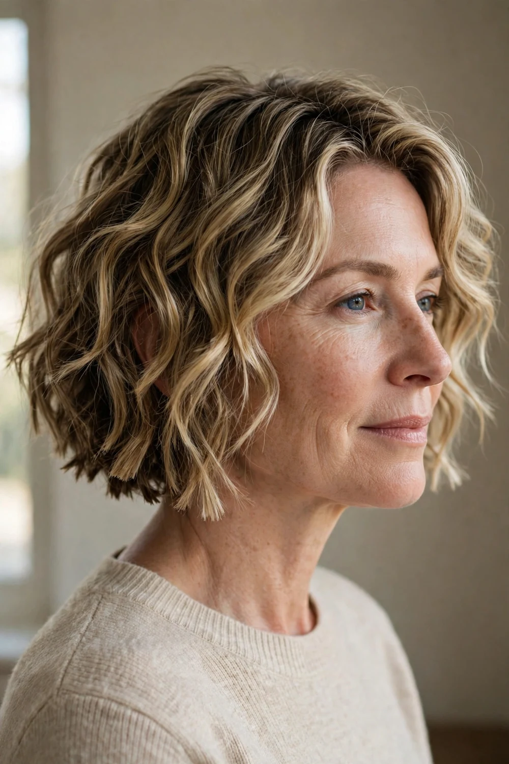 Woman with a chunky-textured wavy bob haircut