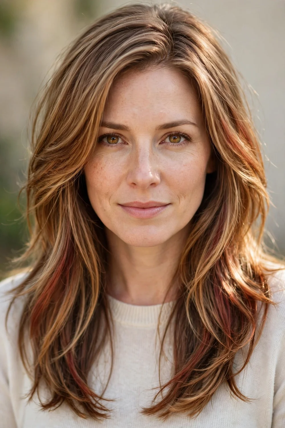 Woman with golden honey-amber cider brown highlights on brown hair, natural daylight