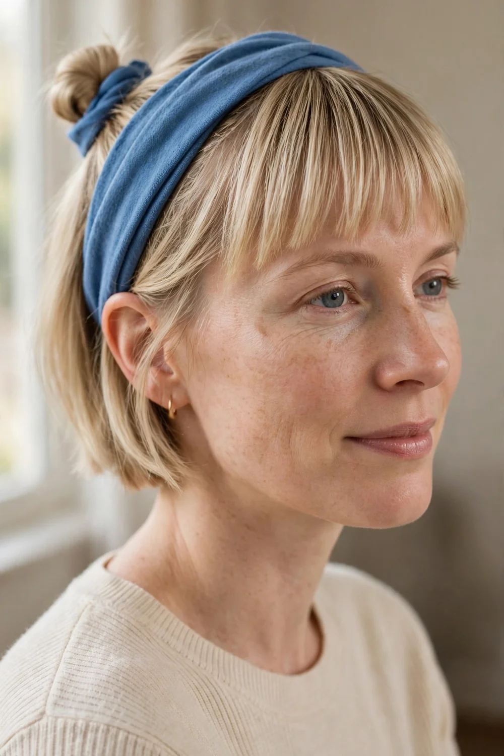 Straight bangs with a mini bun and blue headband on short hair