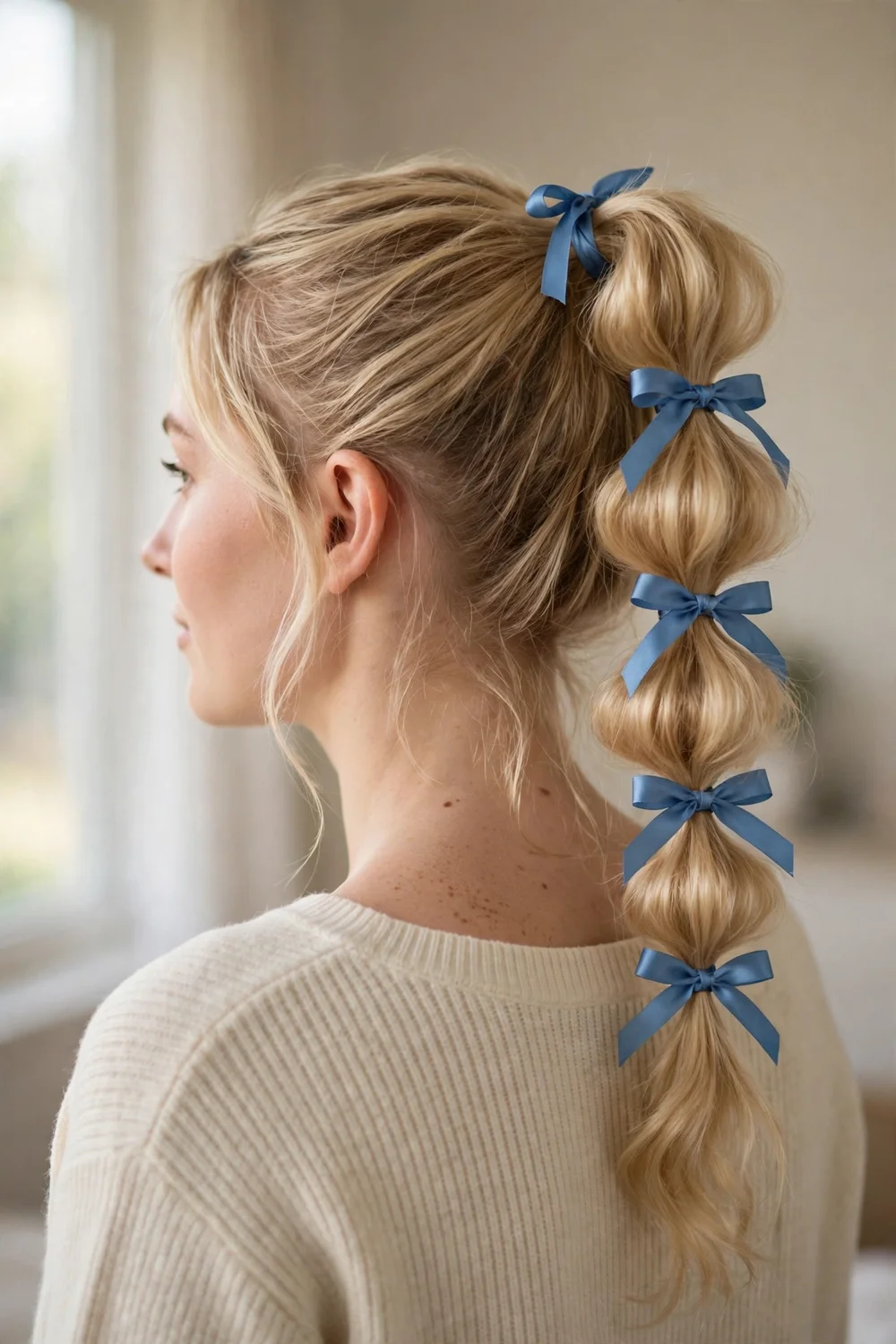 High bubble ponytail with blue ribbon bows