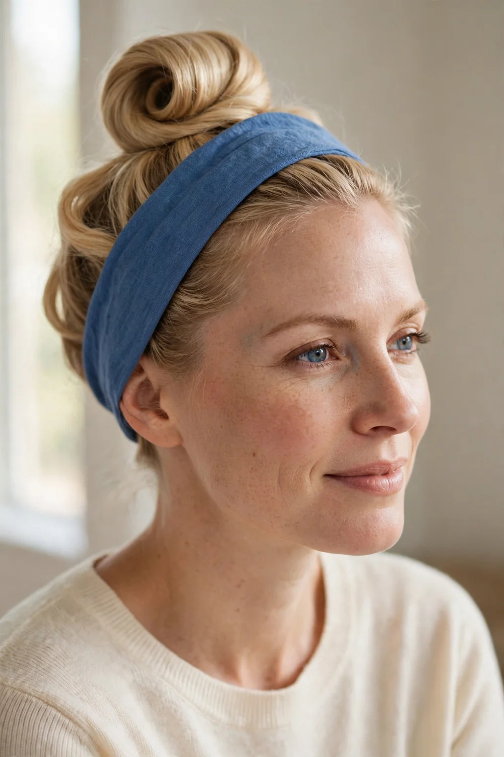 Classic rolled Cinderella bun with a blue headband on blonde hair