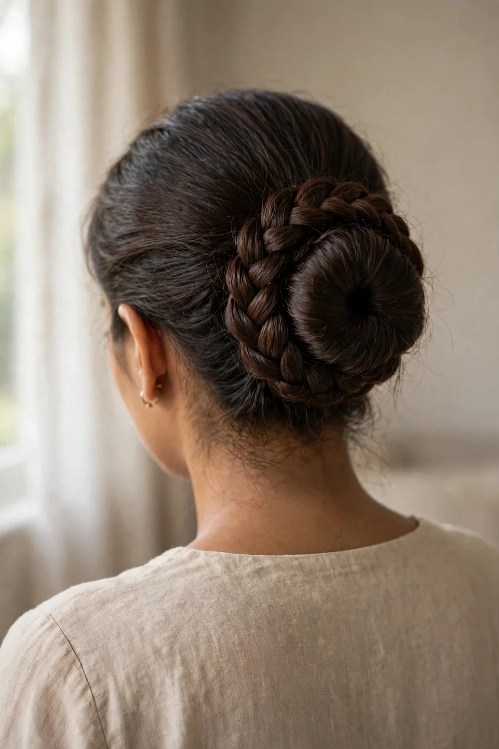 Bun wrapped with a fishtail braid