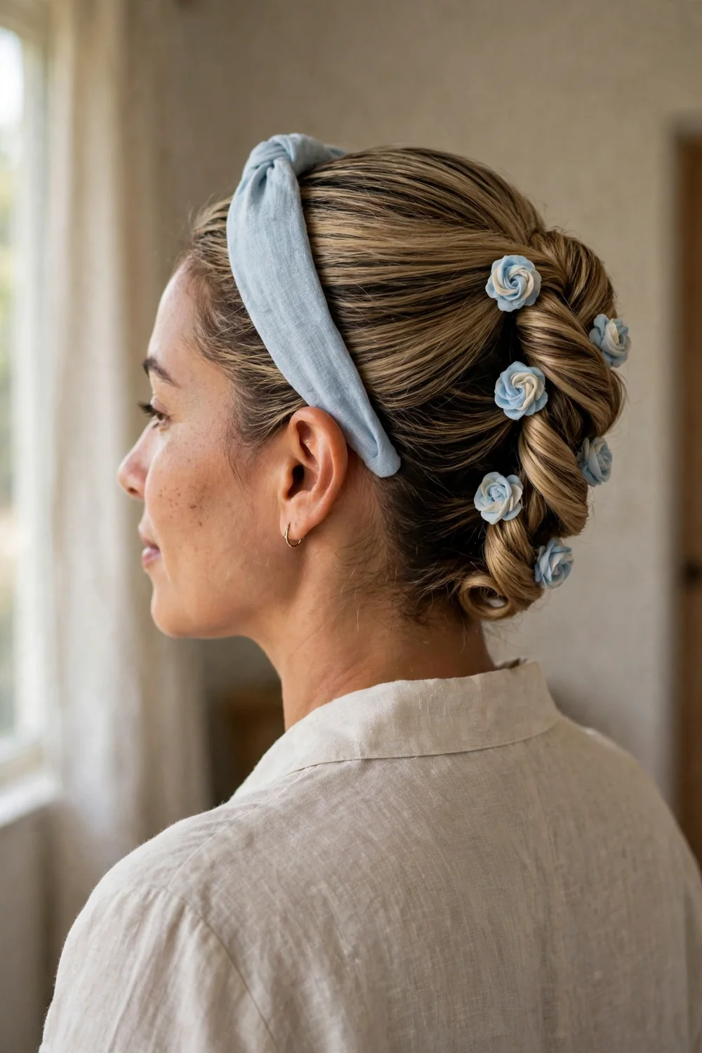 French twist with small hair rosettes and a light blue headband