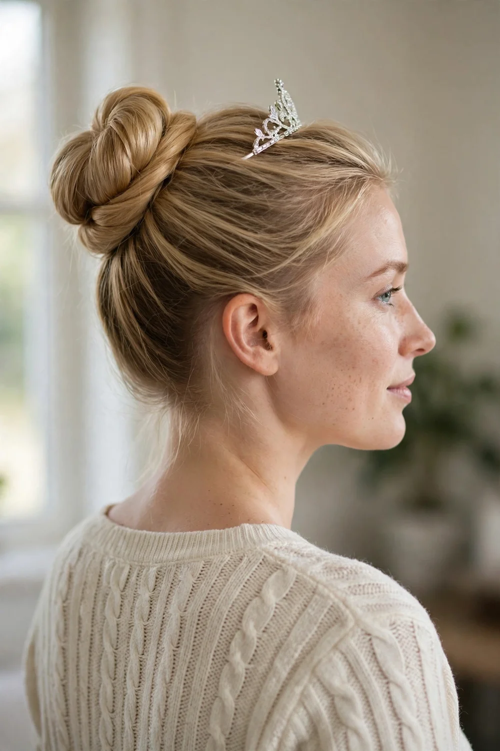 Elegant high bun with a small silver tiara