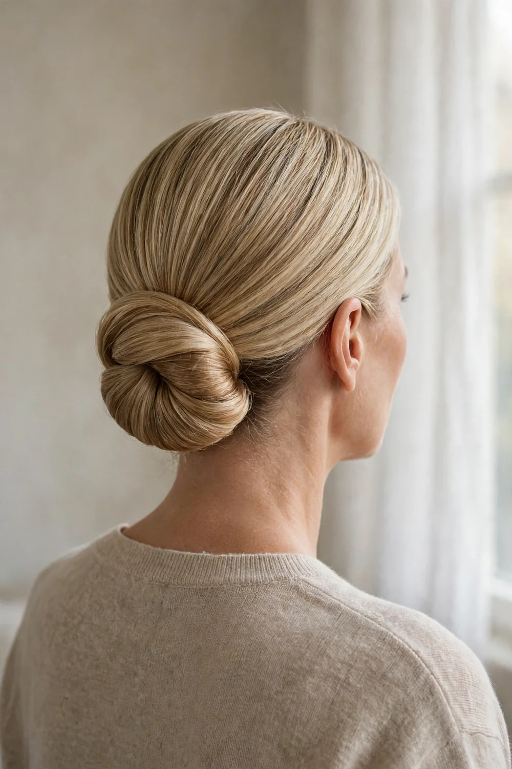 Sleek low chignon at the nape