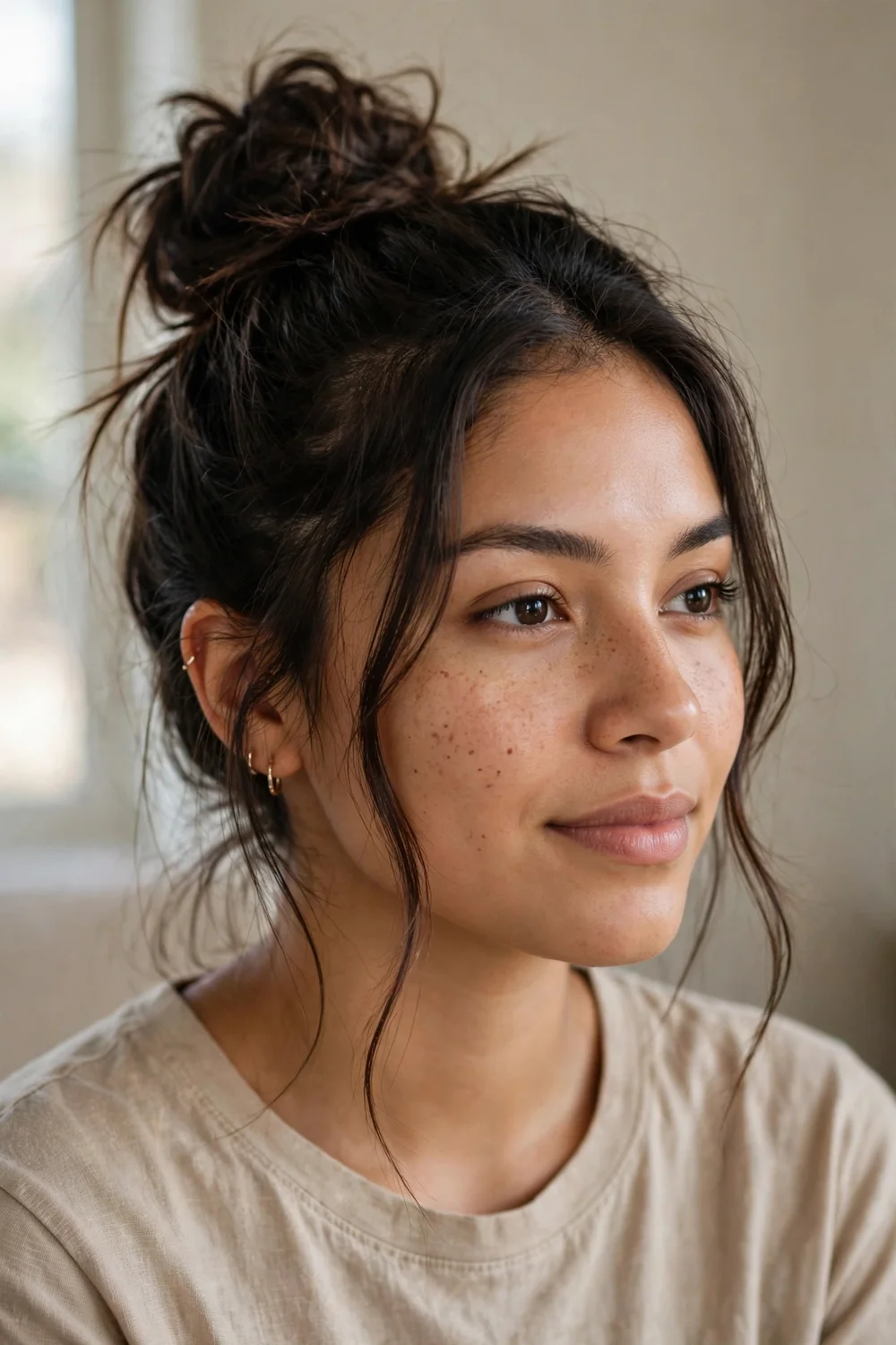 Textured messy high bun with face-framing pieces