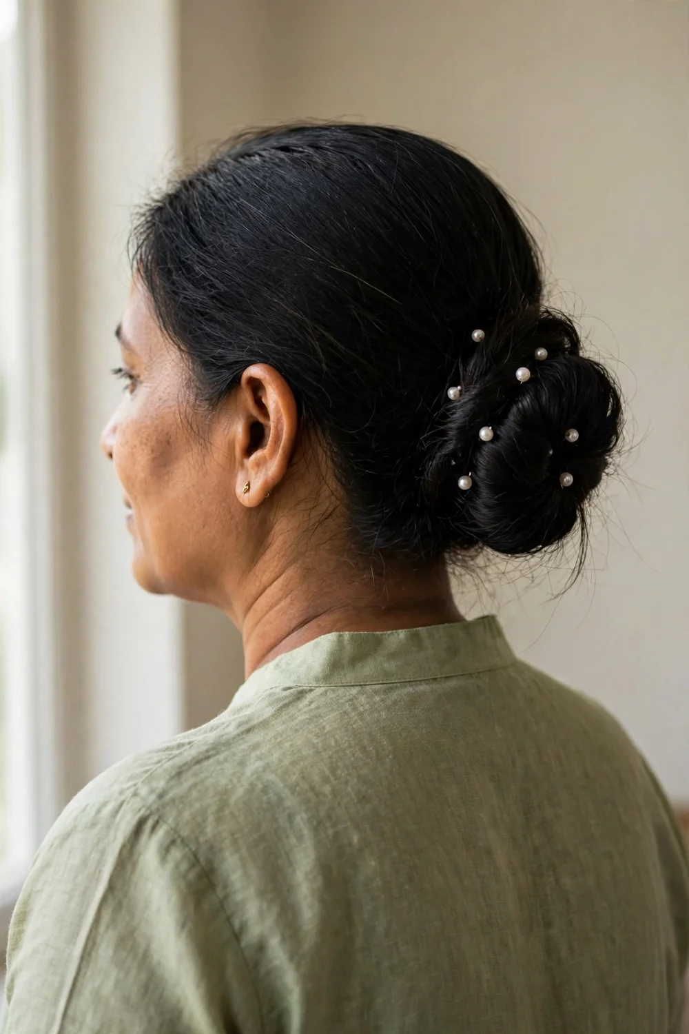Low bun decorated with small pearl hair pins