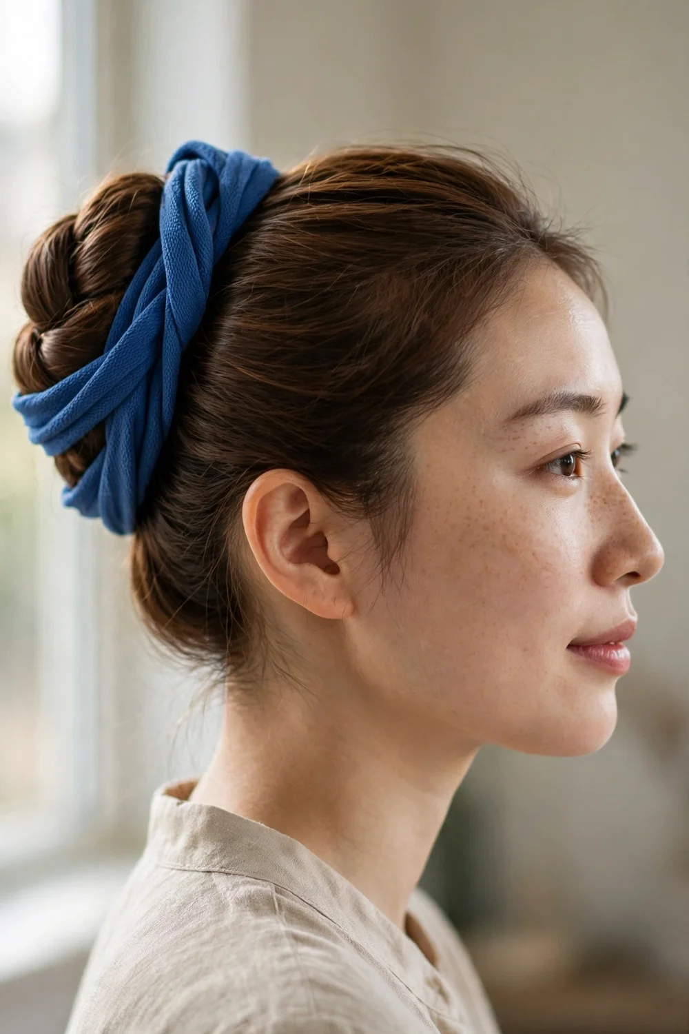 Folded ballet bun wrapped with a thick blue ribbon