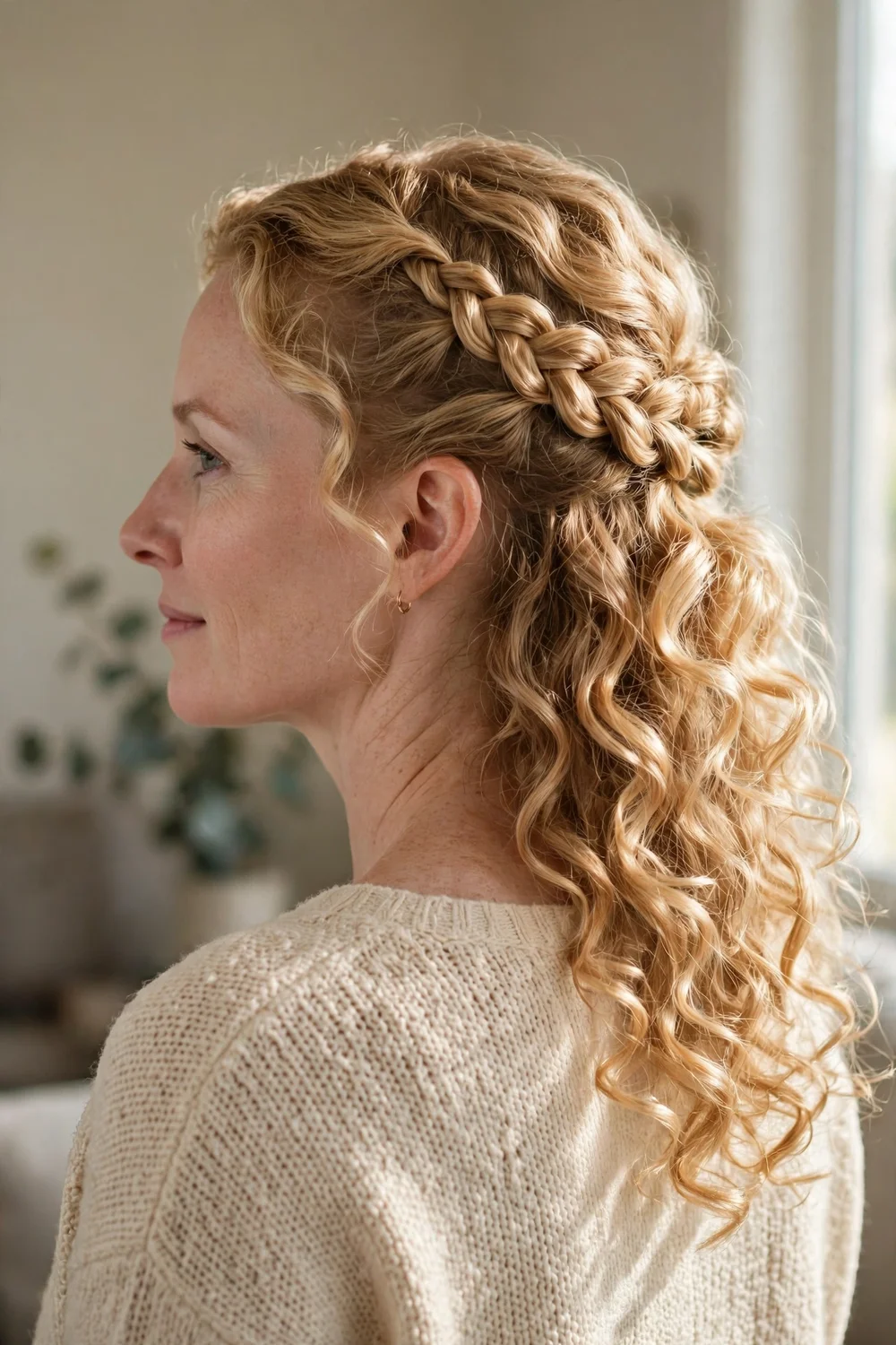 Rope braid half updo with golden curls
