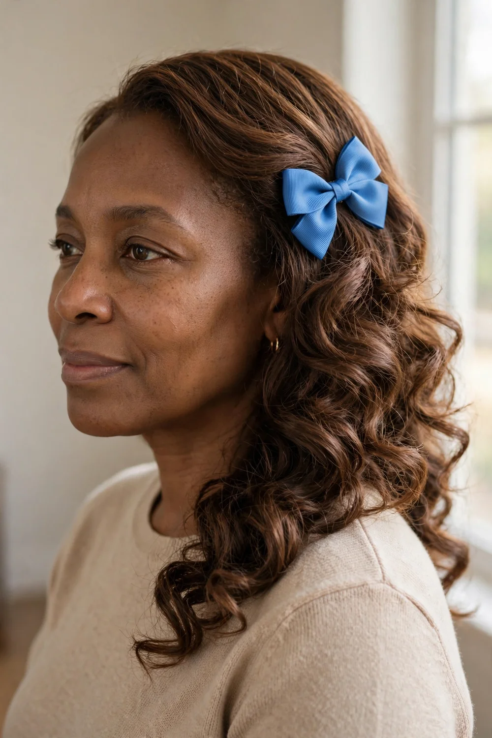 Side-swept loose curls with a blue bow clip