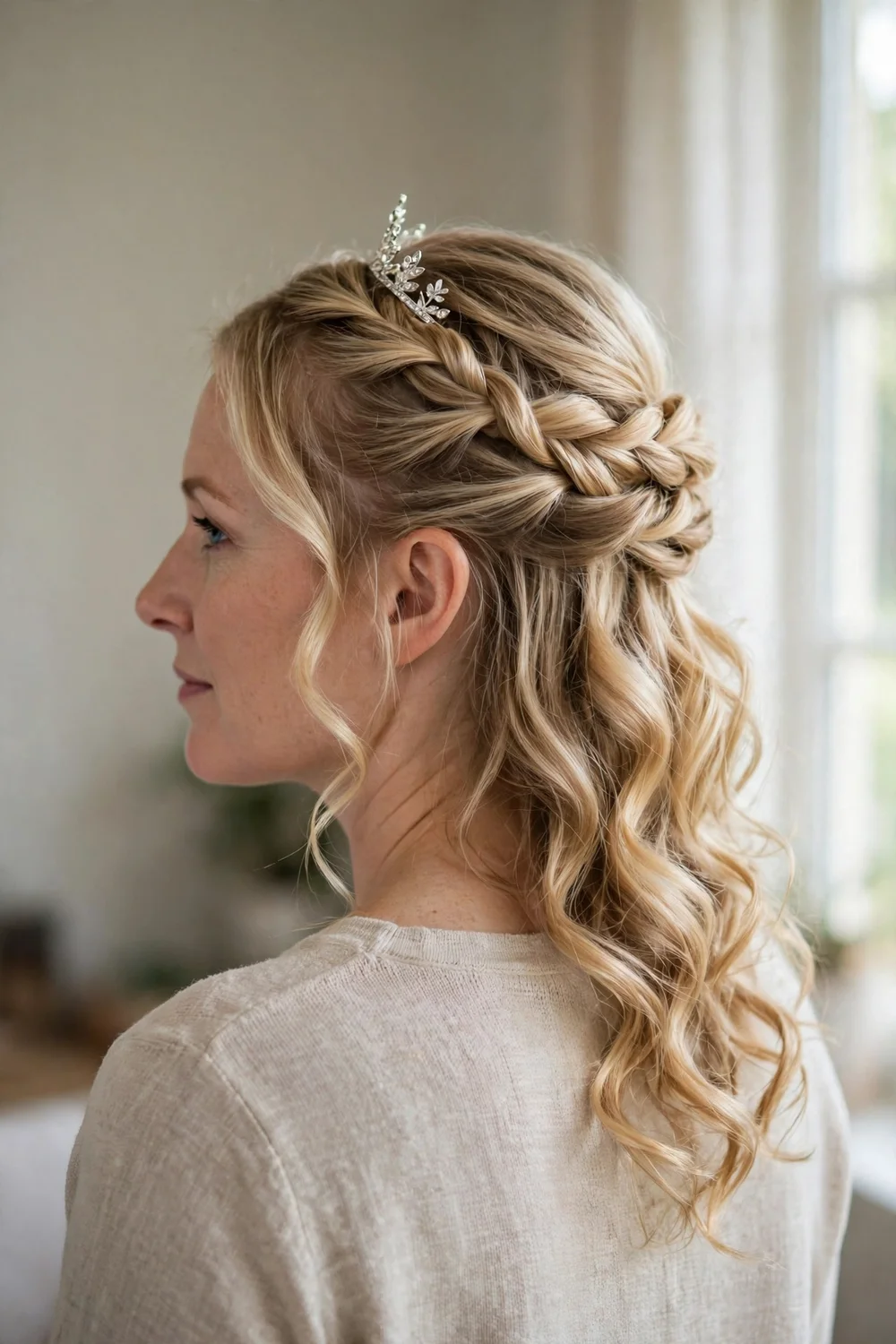 Twisted crown half-up with a small silver tiara
