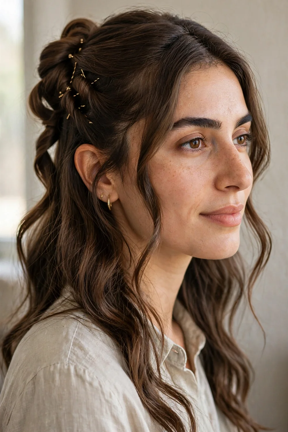 Twisted pinned half-up hairstyle with gold pins
