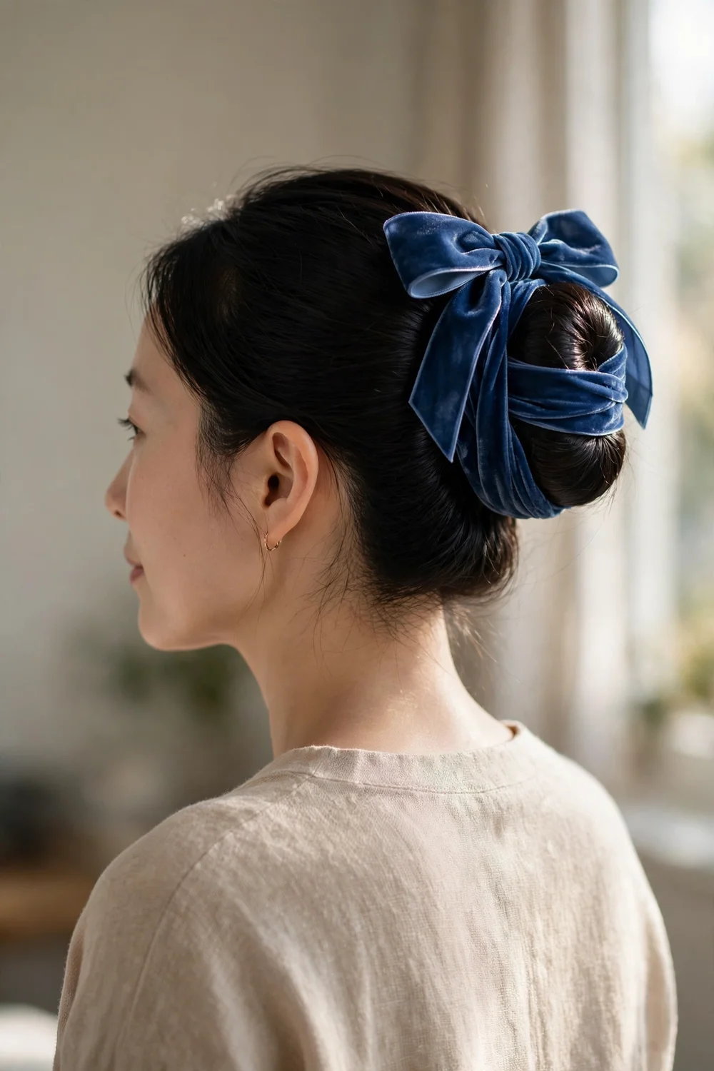 Round bun wrapped with a blue velvet ribbon tied in a bow