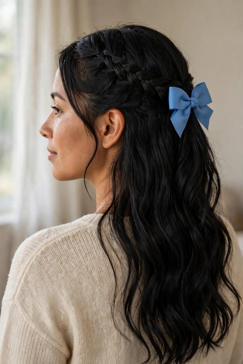 Half-up braid with a blue bow on long dark hair