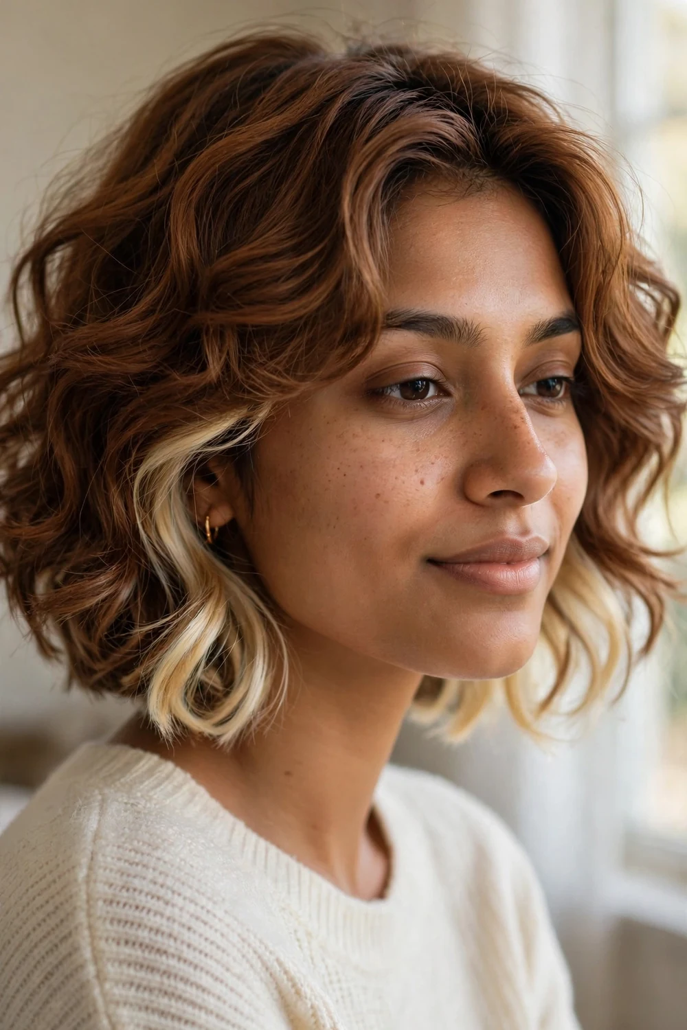 Cinnamon brown bob with blonde peekaboo highlights underneath