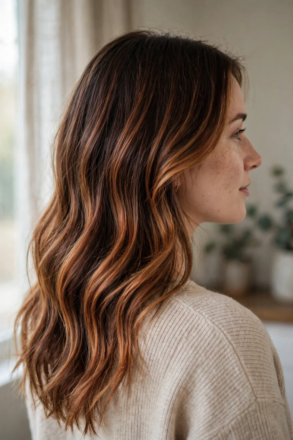 Cinnamon brown balayage melting from dark roots to spiced ends