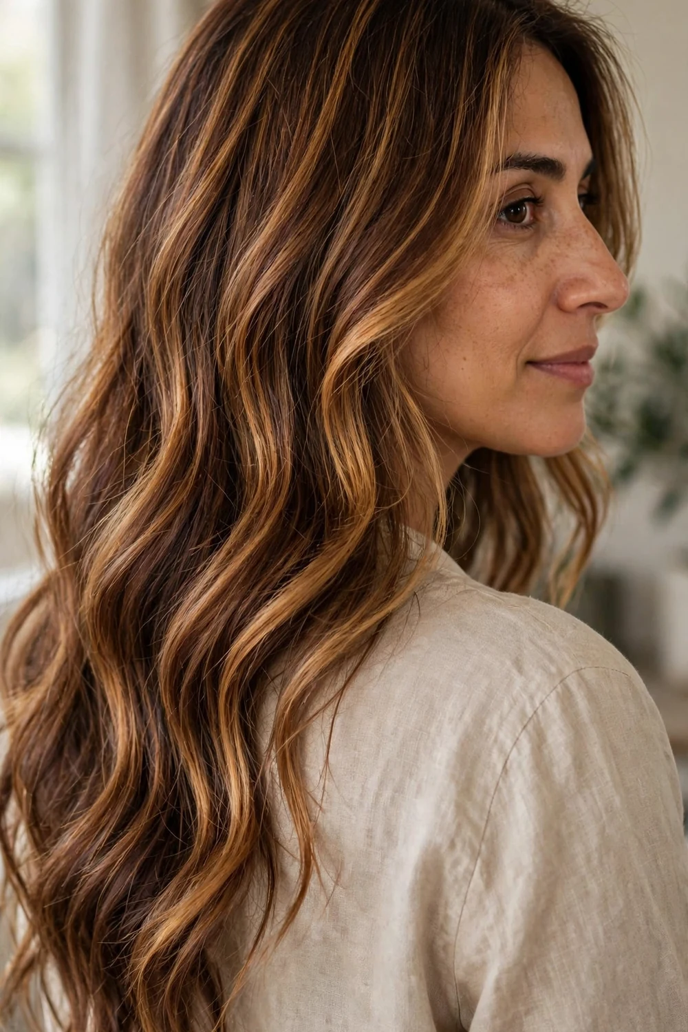 Cinnamon brown hair with caramel highlights in long waves