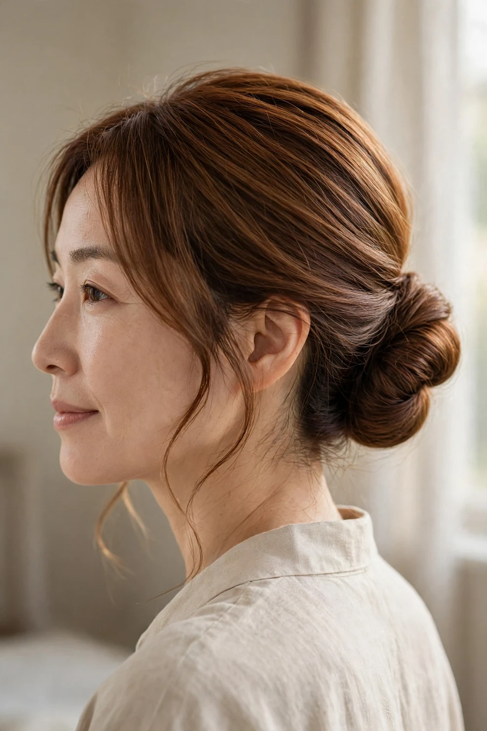 Elegant cinnamon brown chignon updo with soft tendrils