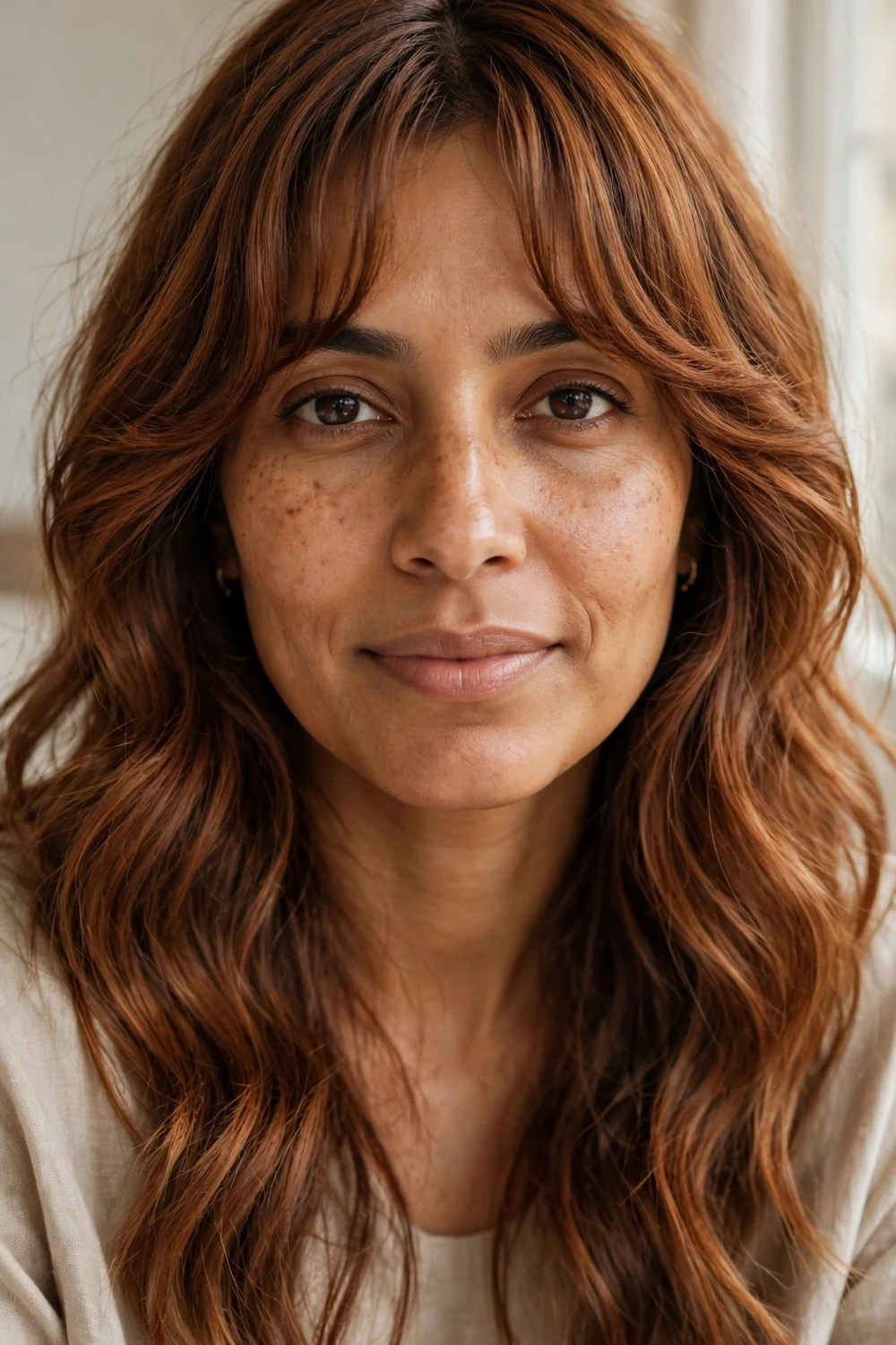 Cinnamon brown wavy hair with middle-parted curtain bangs