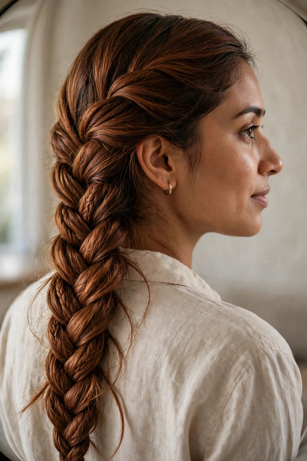 Long cinnamon brown fishtail braid draped over the shoulder