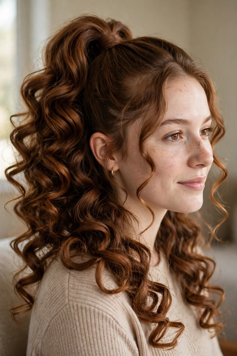 High ponytail of cinnamon brown curls cascading down